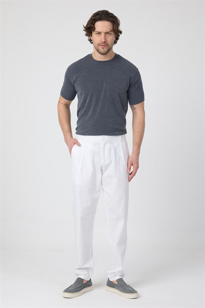 Erkek Keten Rahat Kalıp Pantolon Evere Beyaz