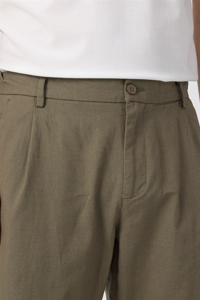 Erkek Keten Rahat Kalıp Pantolon Evere Haki Yeşil