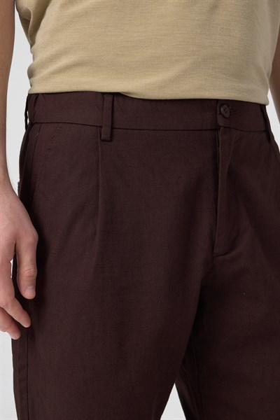 Erkek Keten Rahat Kalıp Pantolon Evere Kahve Rengi