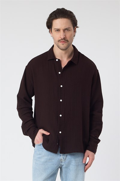 Erkek Kuta Müslin Gömlek Koyu Kahverengi