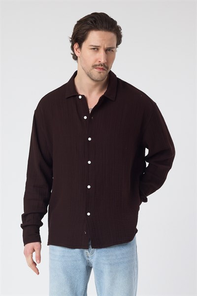 Erkek Kuta Müslin Gömlek Koyu Kahverengi