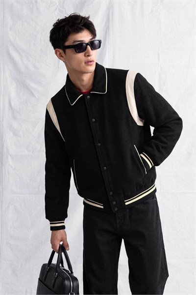 Erkek Megane Oversize Kaşe Mont Siyah