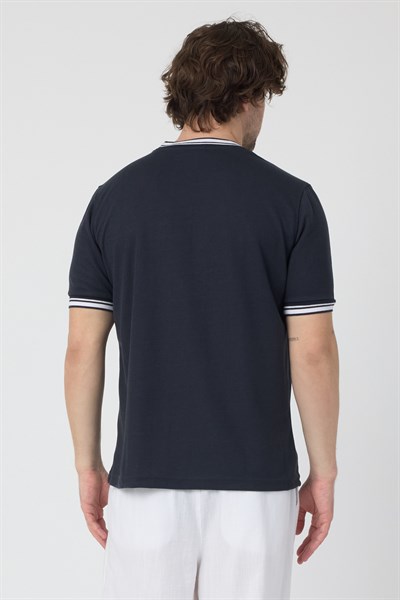 Erkek Ribana Sıfır Yaka Triko Efektli Tshirt zagreb Lacivert