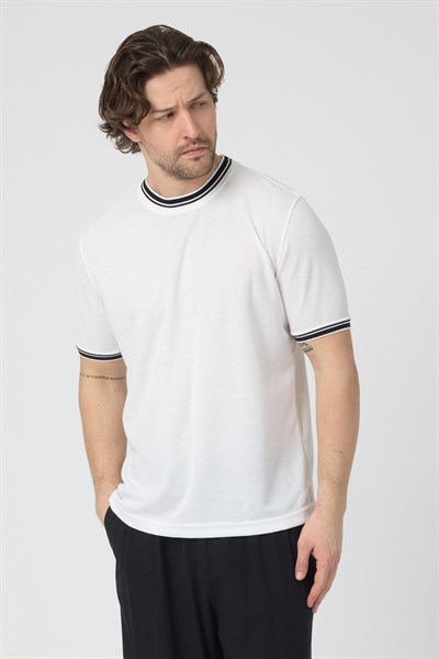 Erkek Ribana Sıfır Yaka Triko Efektli Tshirt zagreb Beyaz