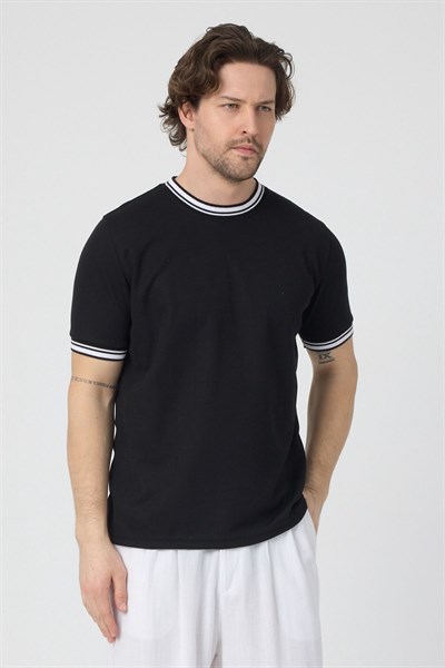 Erkek Ribana Sıfır Yaka Triko Efektli Tshirt zagreb Siyah