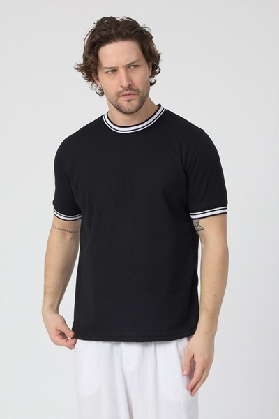 Erkek Ribana Sıfır Yaka Triko Efektli Tshirt zagreb Siyah