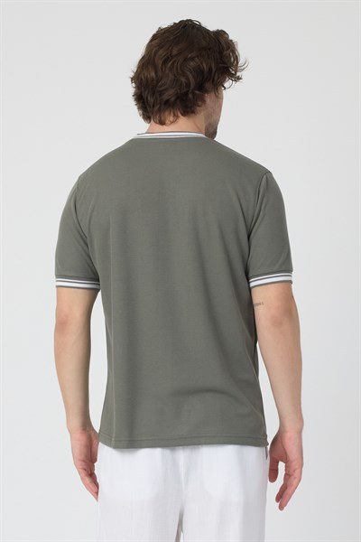 Erkek Ribana Sıfır Yaka Triko Efektli Tshirt zagreb Haki Yeşil