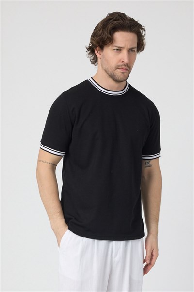 Erkek Ribana Sıfır Yaka Triko Efektli Tshirt zagreb Siyah