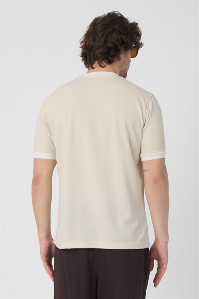 Erkek Ribana Sıfır Yaka Triko Efektli Tshirt zagreb Bej