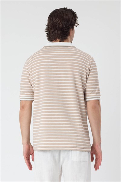 Erkek Sida Yakalı TShirt Bej