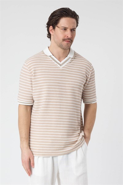 Erkek Sida Yakalı TShirt Bej