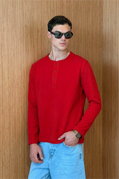 Erkek Sierre Henley Yaka Selanik T-Shirt Kırmızı