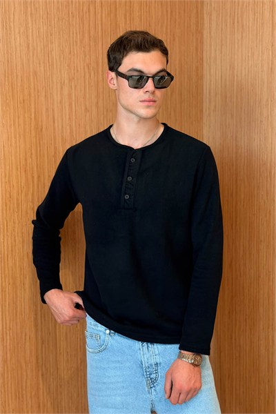 Erkek Sierre Henley Yaka Selanik T-Shirt Siyah