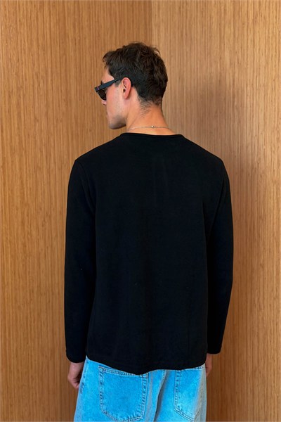 Erkek Sierre Henley Yaka Selanik T-Shirt Siyah