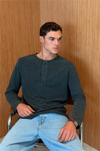 Erkek Sierre Henley Yaka Selanik T-Shirt Antrasit