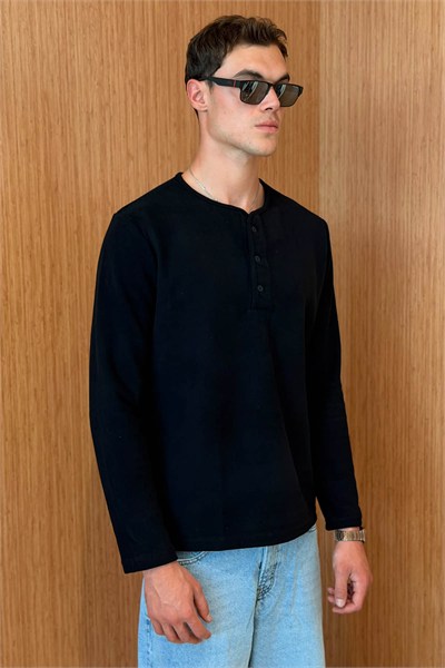 Erkek Sierre Henley Yaka Selanik T-Shirt Siyah