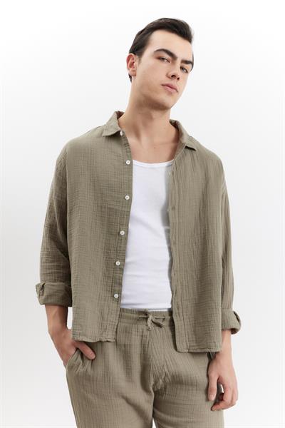 Erkek Kuta Müslin Gömlek Haki Yeşil