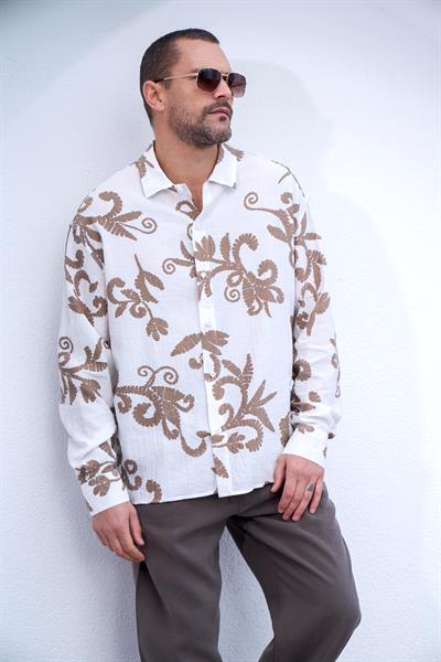 Nava Çiçek Desen Gömlek Beyaz