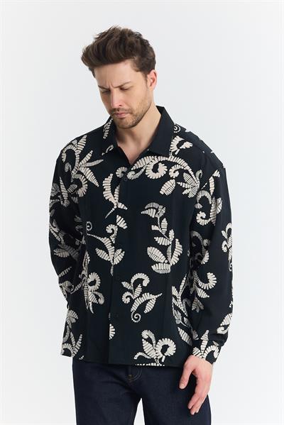 Nava Çiçek Desen Gömlek Siyah