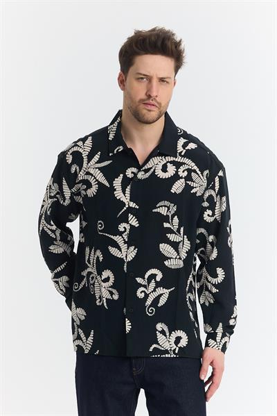 Nava Çiçek Desen Gömlek Siyah