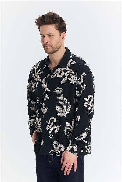Nava Çiçek Desen Gömlek Siyah