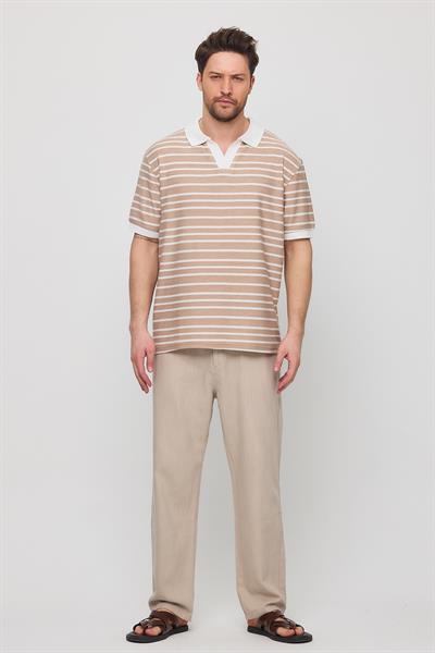 Erkek Satrop Yakalı Örme Tshirt Bej