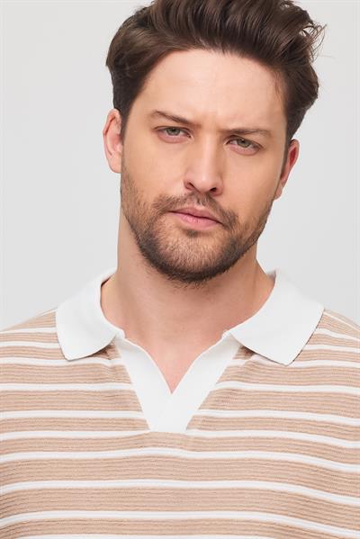 Erkek Satrop Yakalı Örme Tshirt Bej