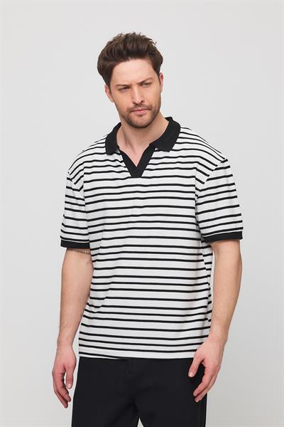 Erkek Satrop Yakalı Örme Tshirt Beyaz