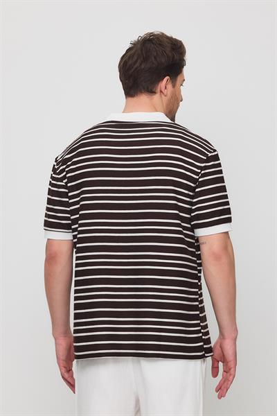 Erkek Satrop Yakalı Örme Tshirt Kahve Rengi