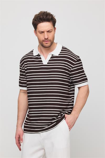 Erkek Satrop Yakalı Örme Tshirt Kahve Rengi