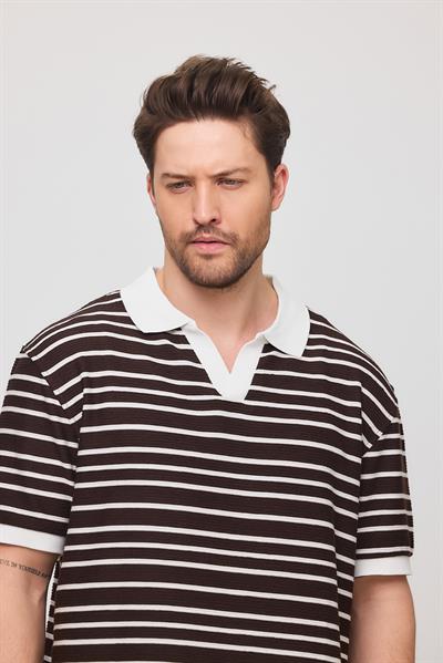 Erkek Satrop Yakalı Örme Tshirt Kahve Rengi