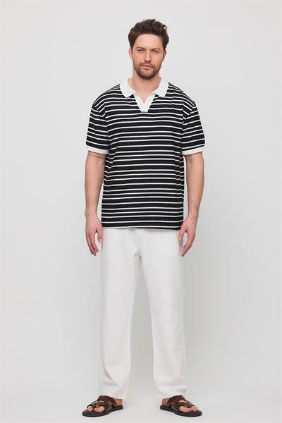 Erkek Satrop Yakalı Örme Tshirt Siyah