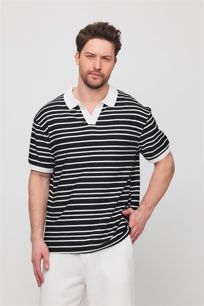 Erkek Satrop Yakalı Örme Tshirt Siyah