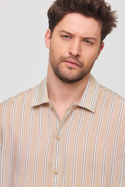 Erkek Yarize Çizgili Vual Gömlek Bej