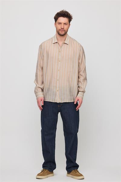 Erkek Yarize Çizgili Vual Gömlek Bej