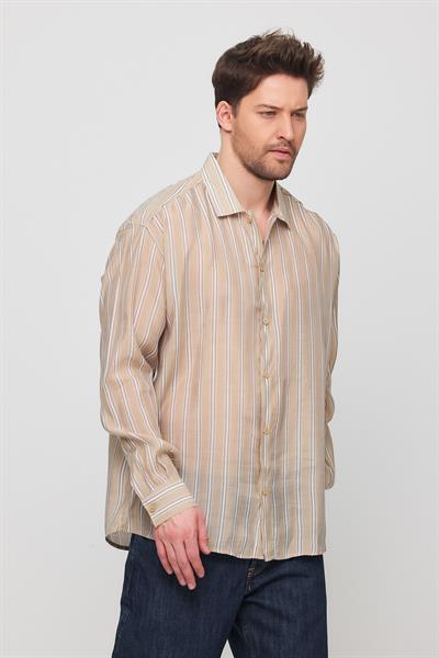 Erkek Yarize Çizgili Vual Gömlek Bej