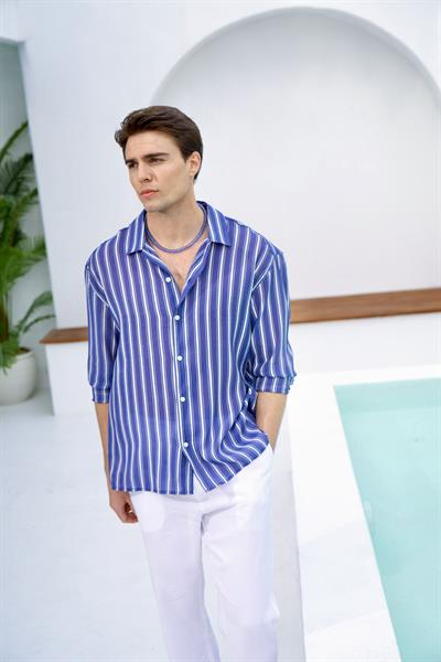 Erkek Yarize Çizgili Vual Gömlek İndigo