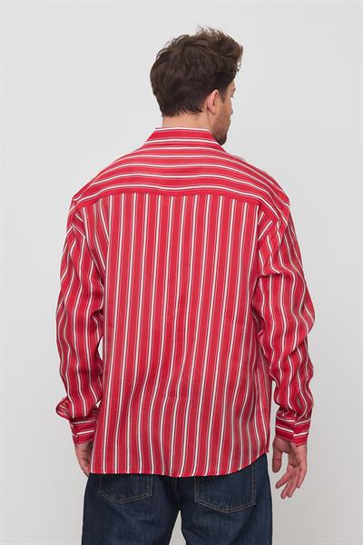 Erkek Yarize Çizgili Vual Gömlek Kırmızı