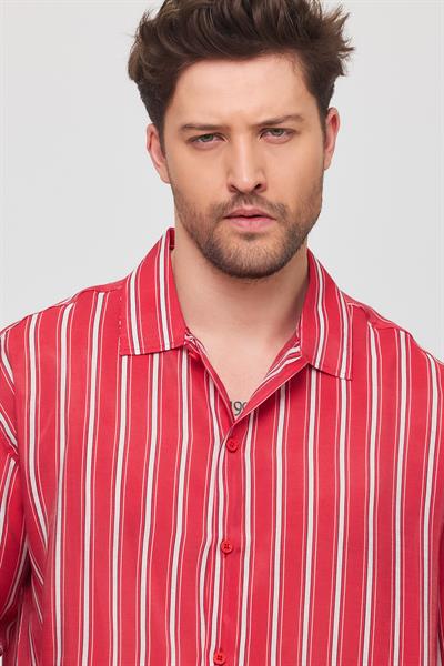 Erkek Yarize Çizgili Vual Gömlek Kırmızı