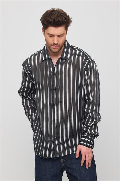 Erkek Yarize Çizgili Vual Gömlek Siyah