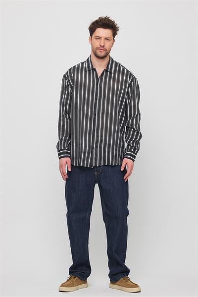 Erkek Yarize Çizgili Vual Gömlek Siyah