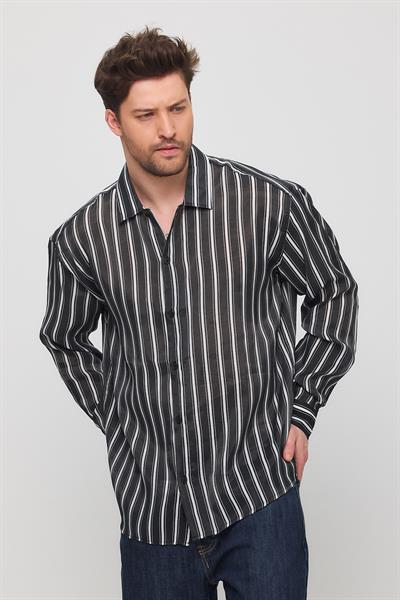 Erkek Yarize Çizgili Vual Gömlek Siyah