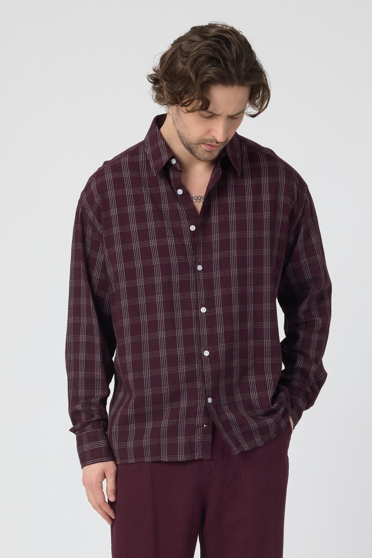 erkek-Erkek Ekoseli Pamuk Keten Oversize Gömlek Bordo-