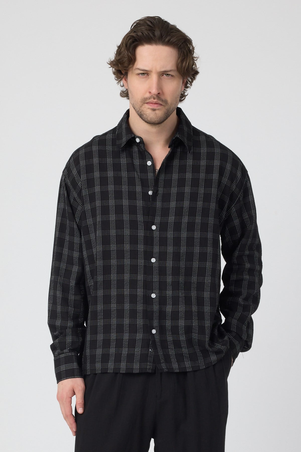 erkek-Erkek Ekoseli Pamuk Keten Oversize Gömlek Siyah-