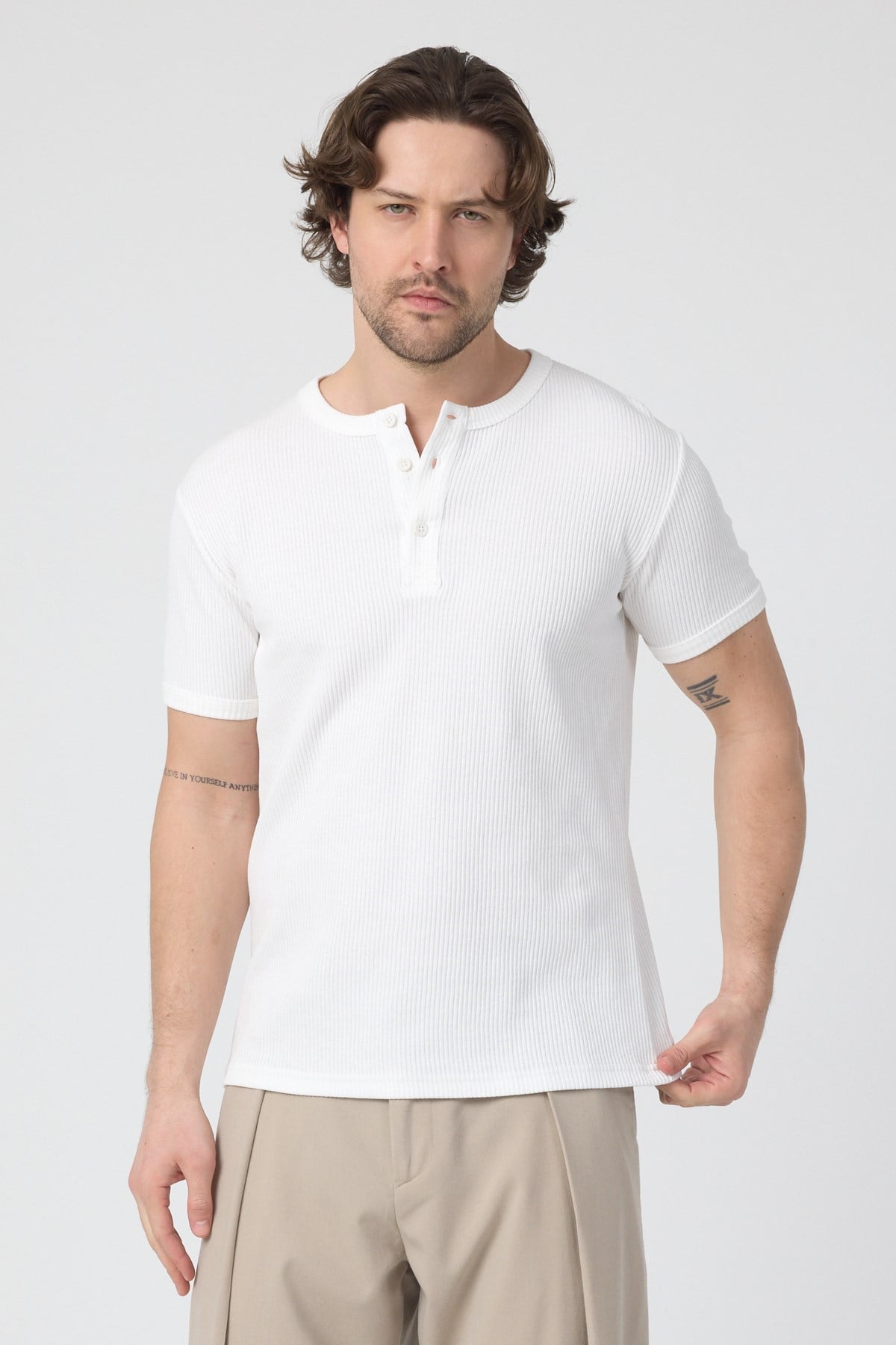 erkek-Erkek Fitilli İnterlok Yaka Düğmeli Tshirt Beyaz-
