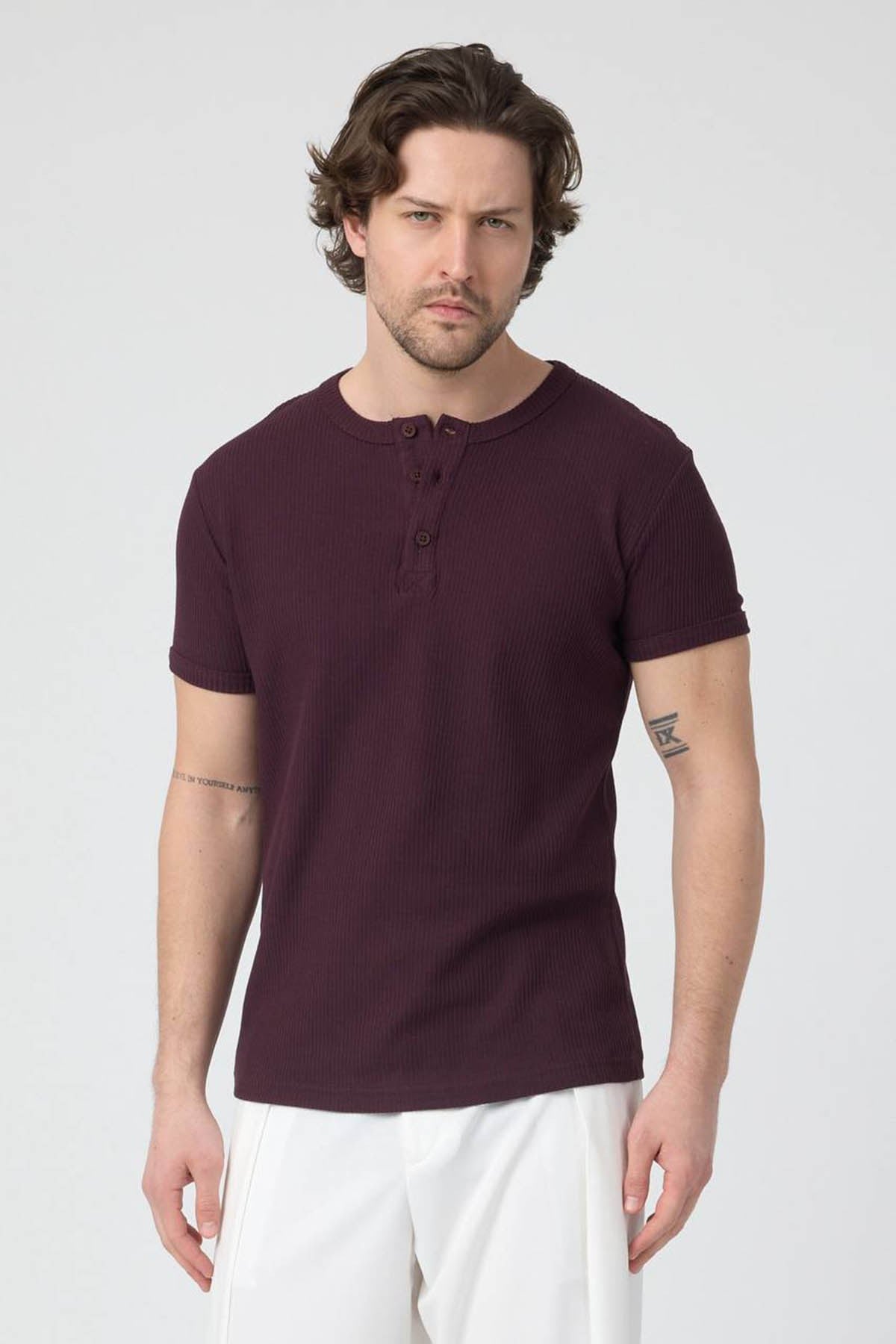 erkek-Erkek Fitilli İnterlok Yaka Düğmeli Tshirt Bordo-