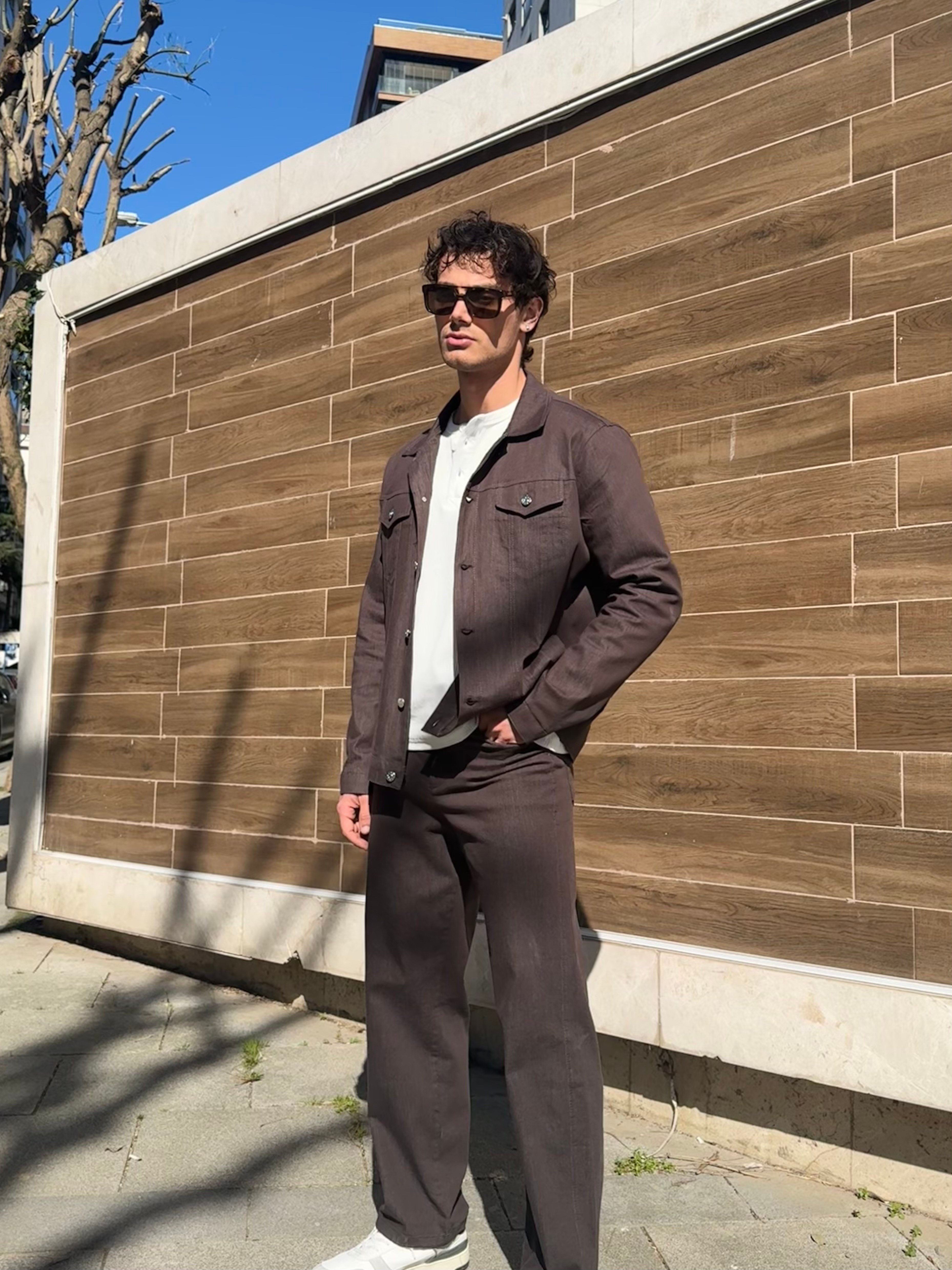 erkek-Erkek İnce Denim Baggy Kalıp Rahat Pantolon Kahve Rengi-