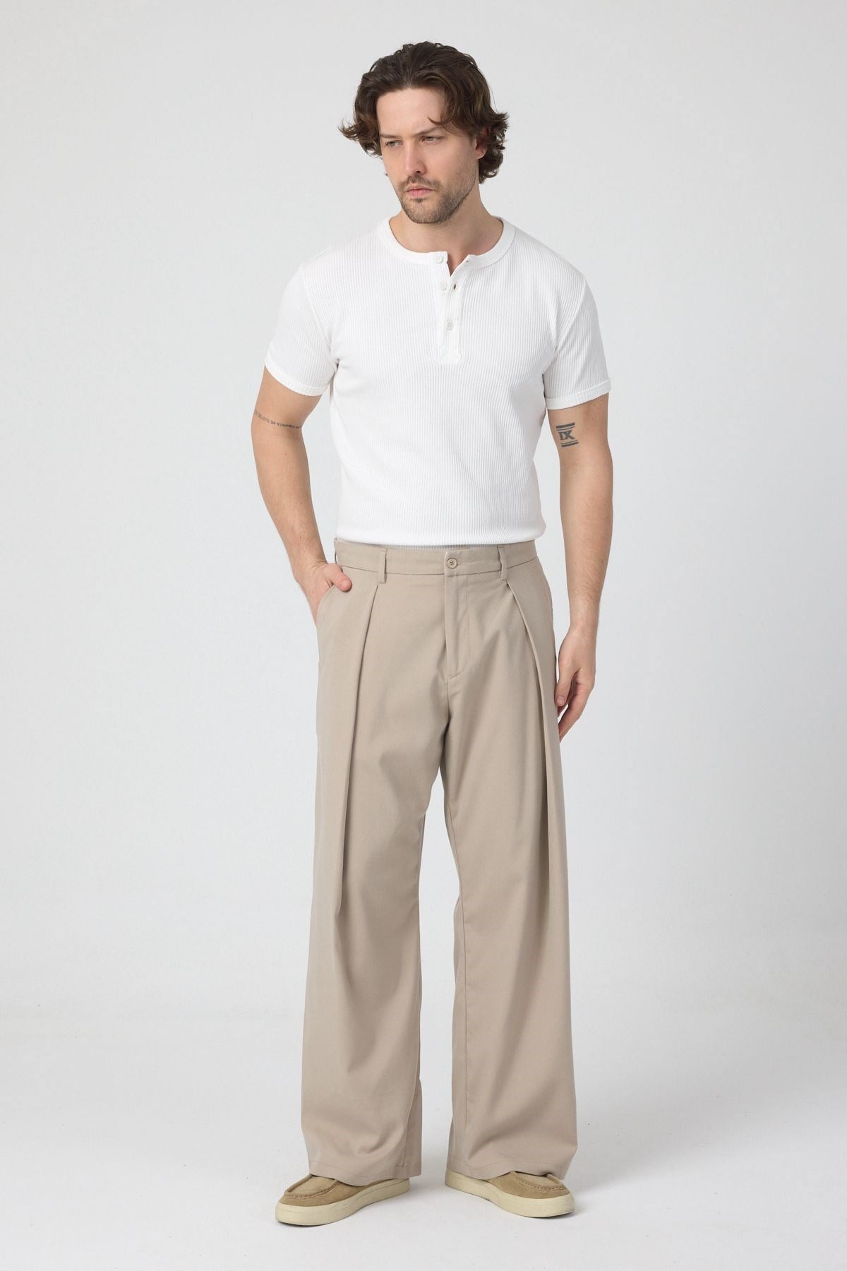 erkek-Erkek Pileli Fashion Pantolon Bej-