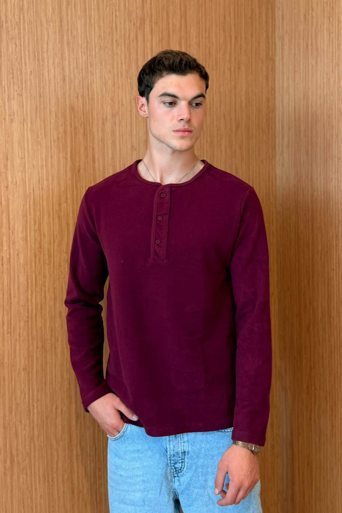 erkek-Erkek Sierre Henley Yaka Selanik T-Shirt Bordo-