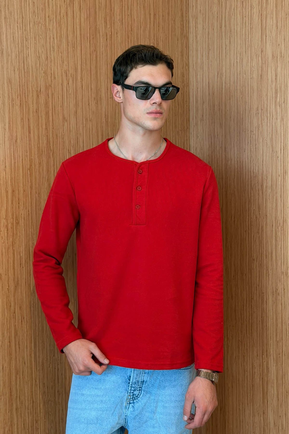 erkek-Erkek Sierre Henley Yaka Selanik T-Shirt Kırmızı-